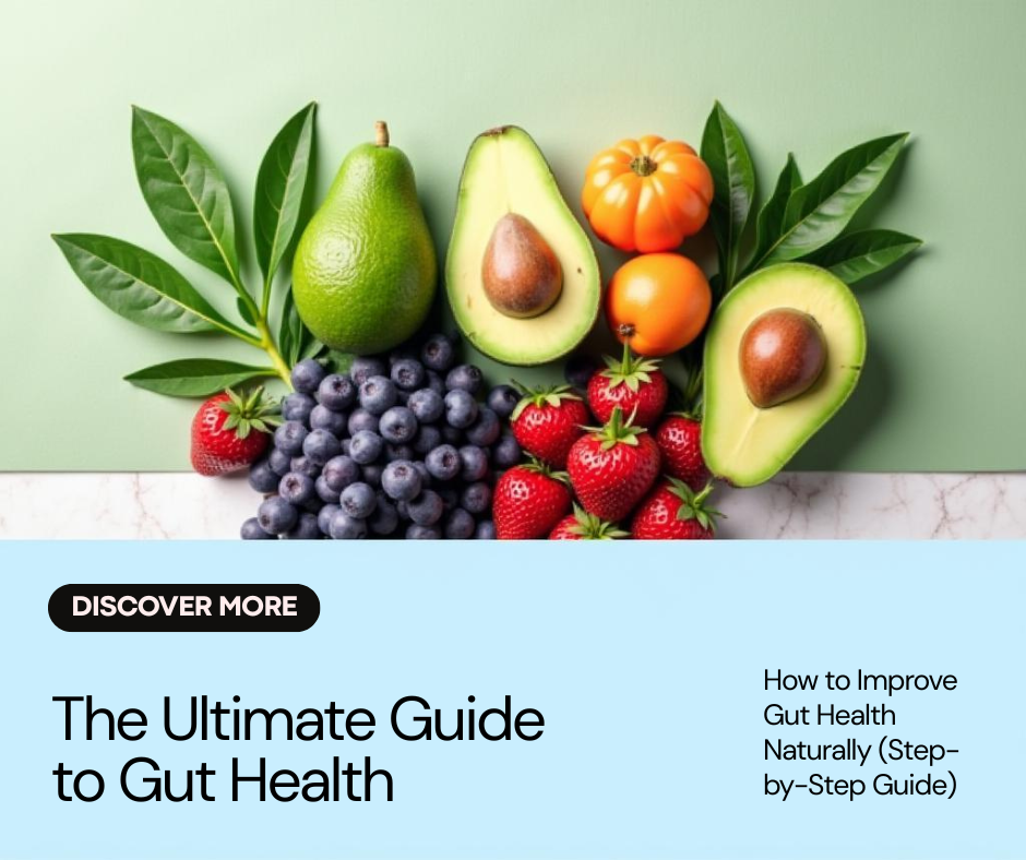 Illustration showing foods that improve gut health, including probiotics, fermented foods, and fiber-rich meals for better digestion and immunity.