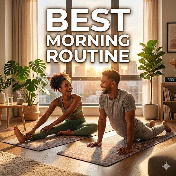 best morning routine healthy couple stretching yoga at home for productivity and energy