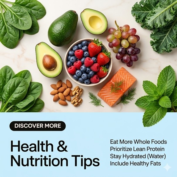 health and nutrition tips with healthy foods like avocado berries salmon nuts and leafy greens for balanced diet