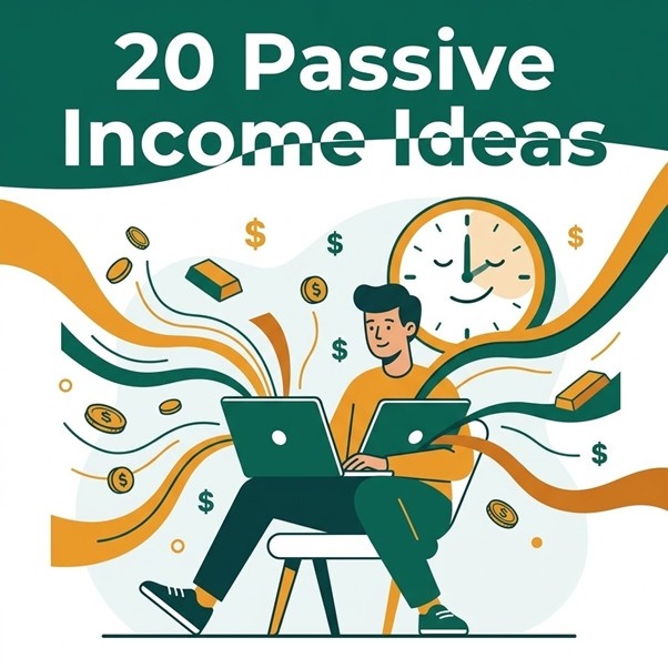 A person working on a laptop surrounded by multiple income streams, coins, and financial symbols representing passive income ideas